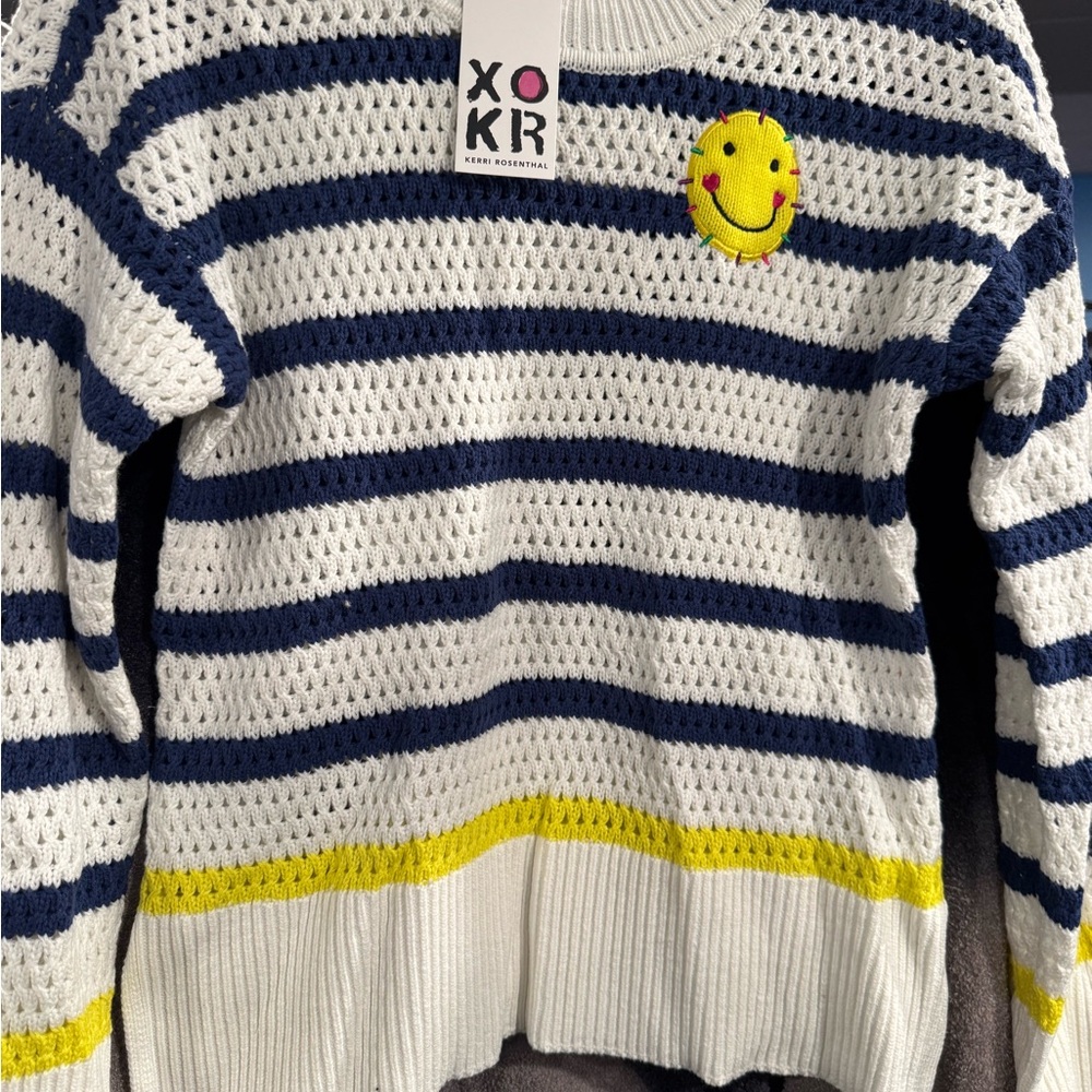 XOKR Women's Striped Crew Neck Sweater - Blue, White, and Yellow